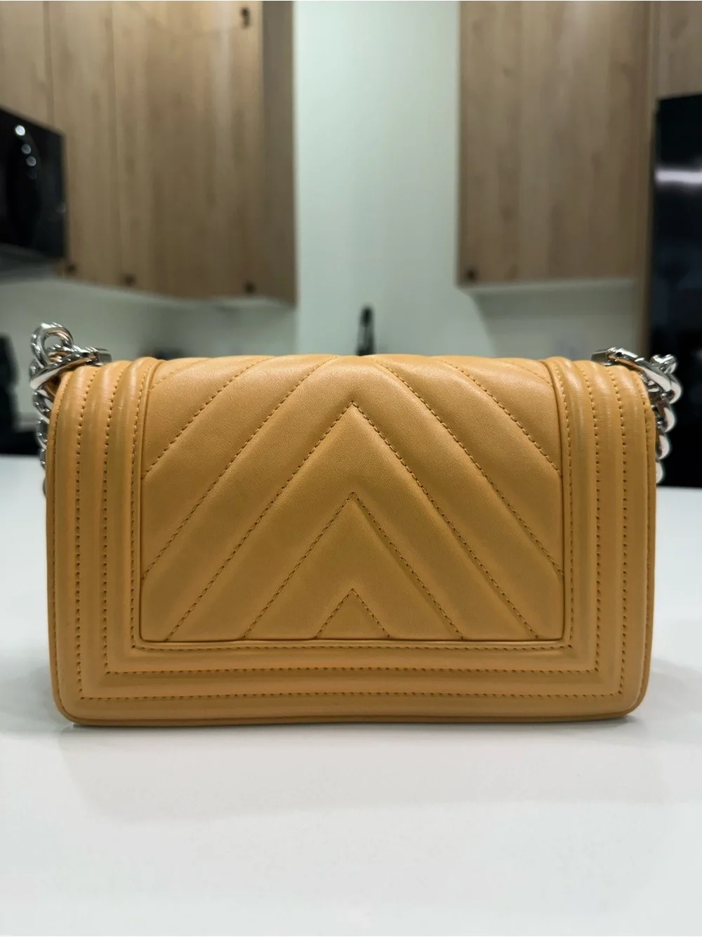 CHANEL Yellow Quilted Chevron Boy Crossbody with Silver Hardware